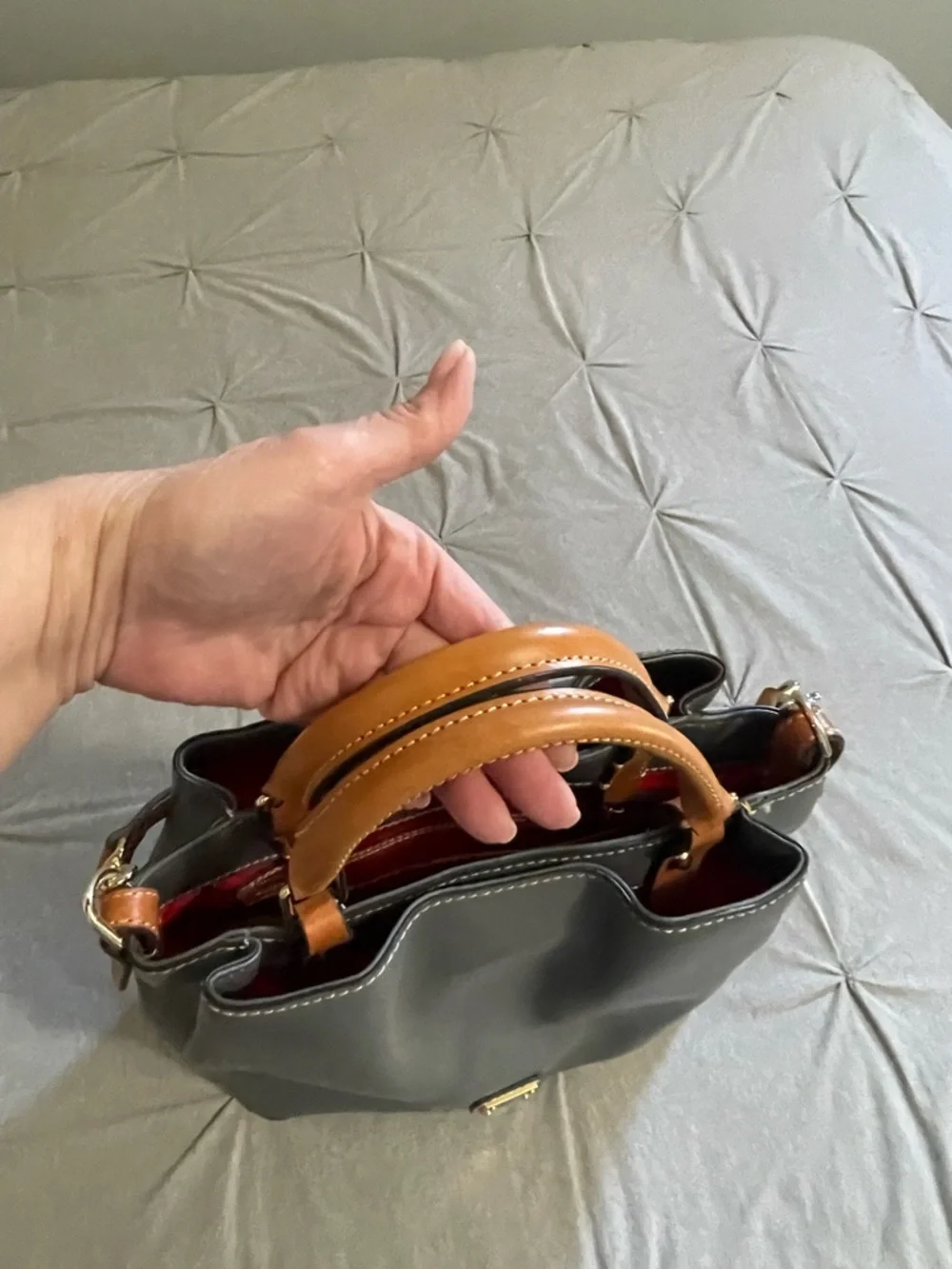 Dooney & Bourke Gray Leather Tote with Tan Handles - Picture 4 of 5